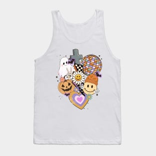 Retro Halloween , Funny Pumpkins, Ghost, Flowers , Skeleton And Bats At The Party Tank Top